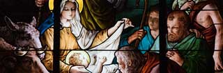 Stained glass depicting the birth of Jesus