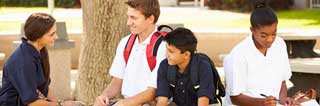 Four students sitting around a tree after school