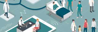 Stylized isometric illustration of doctors, patients, and medical equipment