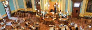 The Michigan Senate Chamber at the state capitol building shown from above