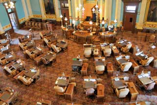 The Michigan Senate Chamber at the state capitol building shown from above