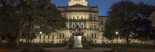 A photo taken at dusk of the Michigan Capitol building