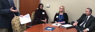 From left to right, Aamina Ahmed, Karen Holcomb Merrill from the Michigan League for Public Policy, and MCC’s Policy Advocate Paul Stankewitz participate in a panel discussion during Muslim Capitol Day