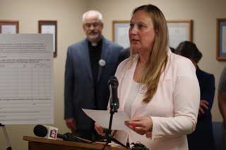 MCC Policy Advocate Rebecca Mastee speaks at a press conference held earlier this year in support of the Michigan Values Life petition drive