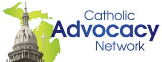 The Catholic Advocacy Network logo, featuring the Michigan Capitol Building dome, an outline of the state of Michigan, a crucifix, and the words Catholic Advocacy Network