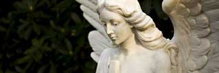 An angel carved from white stone gazes downward, wings spread