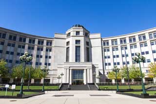 An exterior view of the Michigan Hall of Justice.