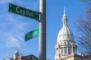 The Michigan State Capitol Building as seen from the corner of Capitol Ave. and Allegan.