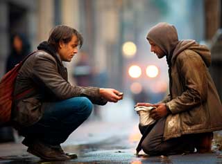 A man crouching down in the street, offering assistance to another, homeless, man.