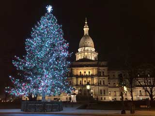 A nighttime photo of the lit 2018 official Michigan Christmas tree in the foreground and the State Capitol Building in the background