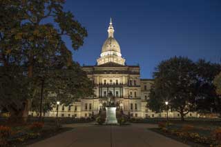 A photo taken at dusk of the Michigan Capitol building
