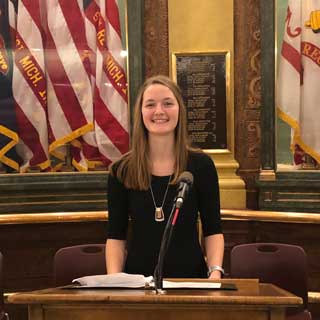 Molly Yonker—a senior at Sacred Heart Academy—sharing how educational choice has had a positive impact on her life at a rally for School Choice Week at the Michigan State Capitol