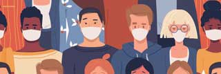 An illustration of diverse Michigan residents all wearing protective face masks