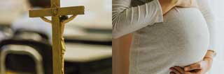 Side-by-side photos of a crucifix in a classroom and a pregnant woman holding her belly and smiling