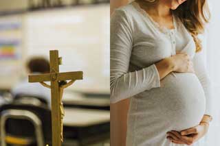 Side-by-side photos of a crucifix in a classroom and a pregnant woman holding her belly and smiling