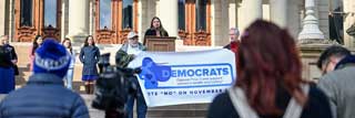 A member of the Progressive Anti-Abortion Uprising speaks at the Michigan State Capitol against Proposal 3 during a press conference on Thursday, October 13, 2022.