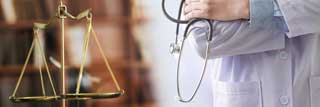 The scales of justice and a doctor holding a stethoscope. 