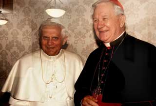 Pope Benedict XVI appears alongside former Cardinal Adam Joseph Maida, who was Archbishop of Detroit and chair of the MCC Board of Directors from 1990 to 2009.