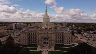 An aerial view of the Michigan State Capitol building.