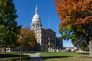 The Michigan State Capital building in fall.