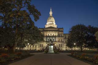 The Michigan State Capital Building at dusk.