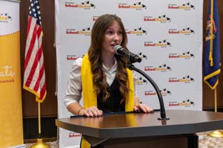 Brynn Anderson, a senior at Lansing Catholic, providing an excellent witness to the benefits of Catholic education before dozens of guests—many of whom attend or work in secular schools—attending the National School Choice Week event at the state Capitol this week.