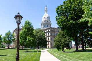 The Michigan State Capitol building in spring.