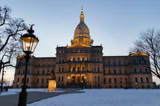 The Michigan State Capitol building in winter